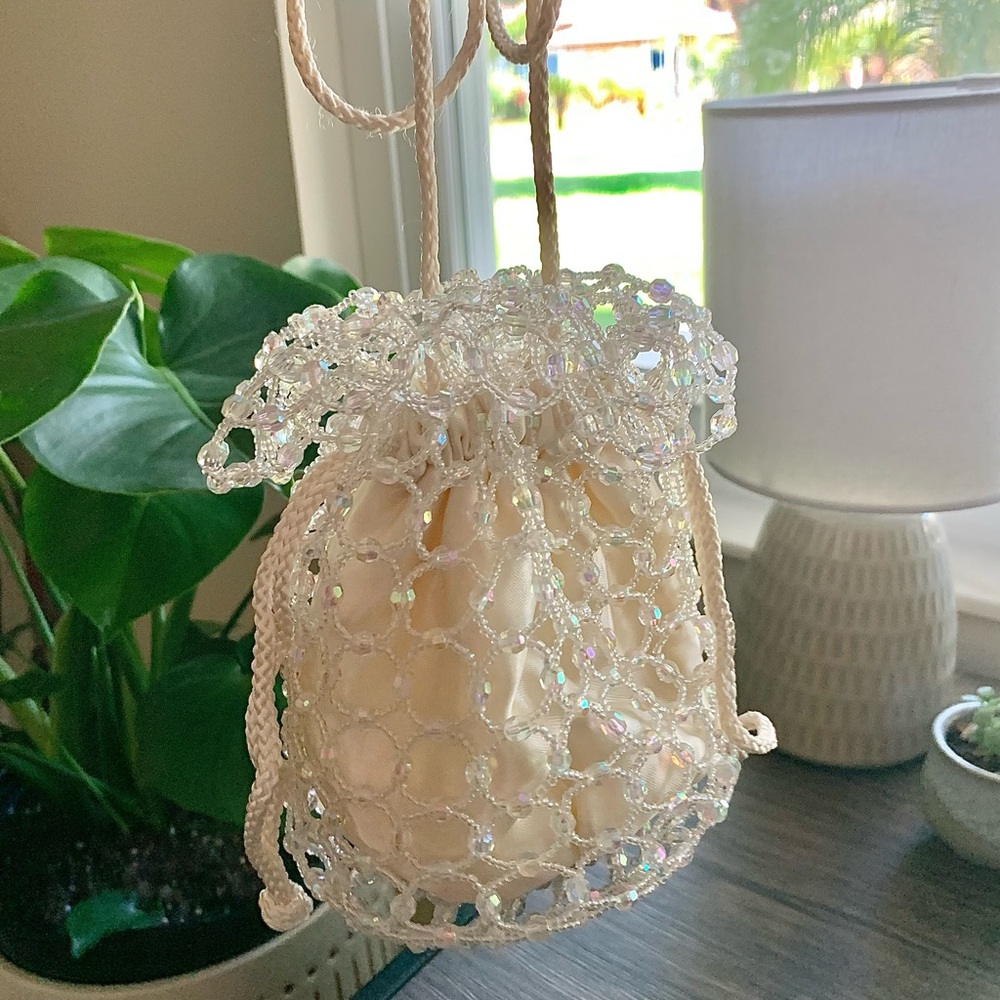 Beaded Cream Drawstring Bag